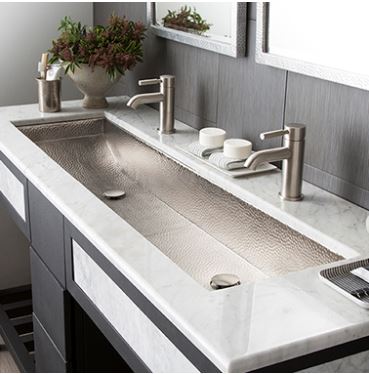 rustic contemporary bathroom with sleek stone counter top and hammered steel sink with double drains, grey and white vanity, ang grey wall tiles