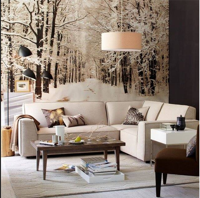 contemporary living with winter scene wallpaper mural, hanging drum light and light furniture