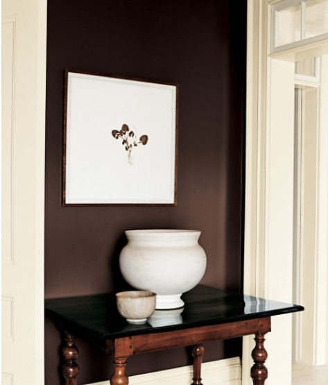 striking dark brown foyer with antique table and large white pottery