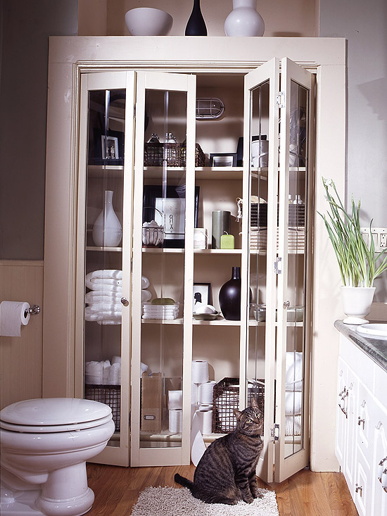 charming bathroom organized with white, glass doored cabinet