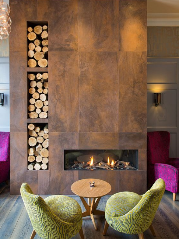 contemporary fireplace with smooth rusticated finish tile facing