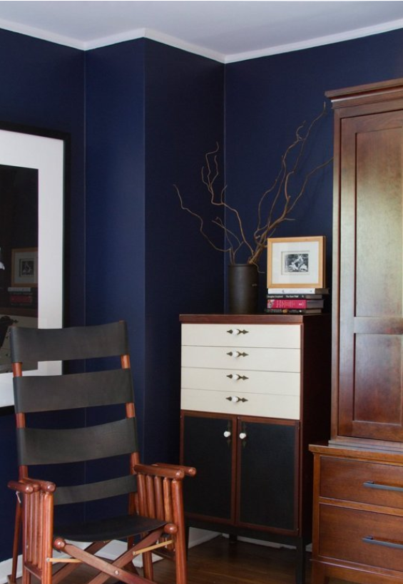 small living room with dark wood furniture and deep indigo navy blue wall colour