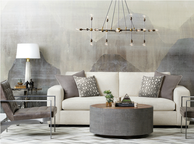 funky upscale casual living room with light furnishings, dramatic industrial chic chandelier, and painted wall mural