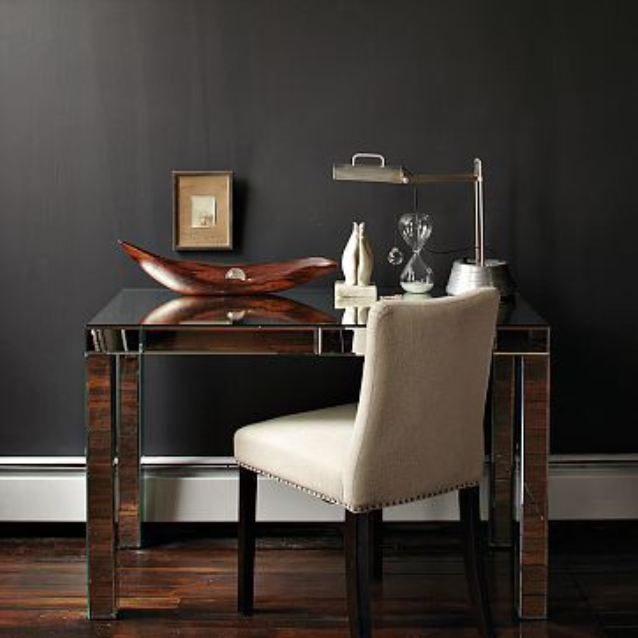 mirrored desk with accessories and charcoal wall colour