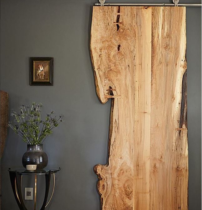 live edge sliding barn door in a transitional decor style living room