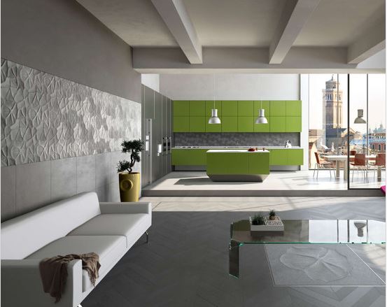 upscale contemporary large open concept living room with erthcoverings accent wall tile and lime green kitchen cabinets