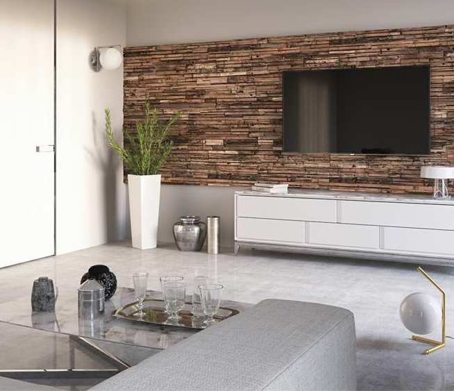 contemporary living room with grey sectional sofa and wooden wall accent wall covering behind television media unit