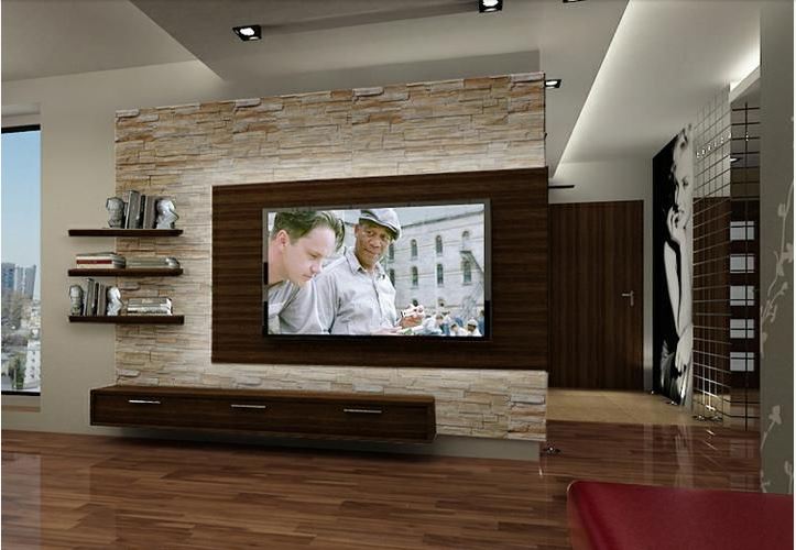 stone clad media unit wall with dark wood insertfor flat screen television, open shelving, and low storage console