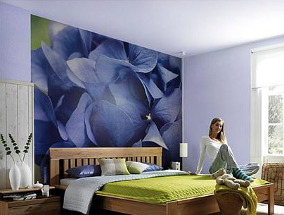 bedroom with hydrangea wall mural feature wall