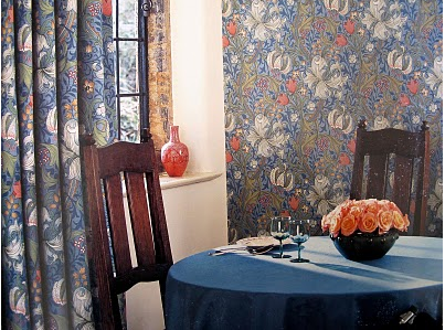 William Morris wallpaper and drapes in traditional dining room