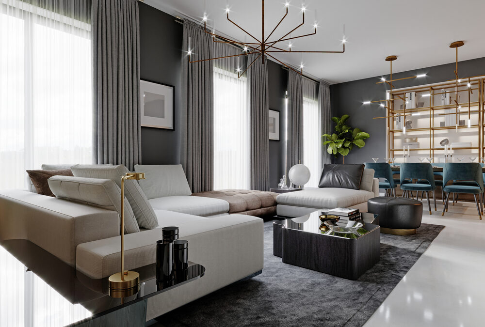 large living room in monochromatic shades of greys with custom draperies and square marble table