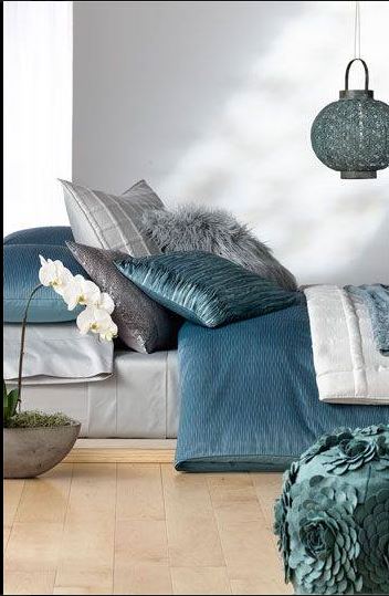 bedroom with blue and grey colour palette