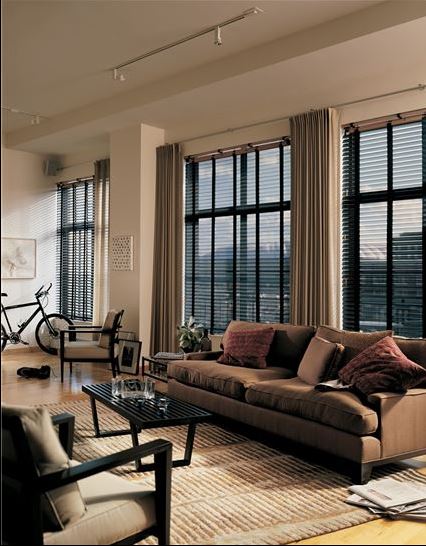 contemporary casual living room with HD metal venetian blinds in black and textured area carpet