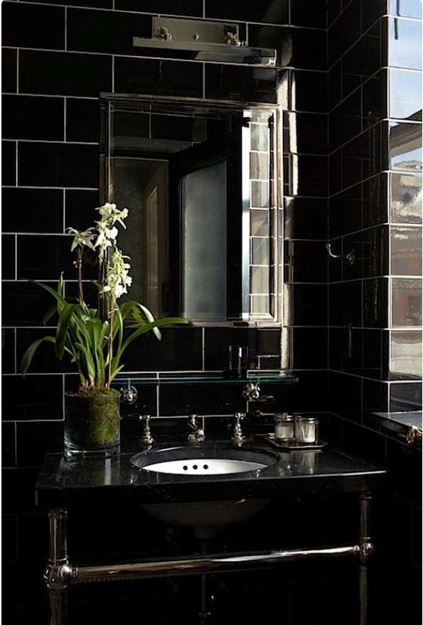 dramatic black small bathroom with floor to ceiling glossy black subway tile and traditional style pipe legged sink with black marble top