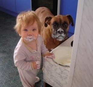 small child and happy dog messy from baking with flour